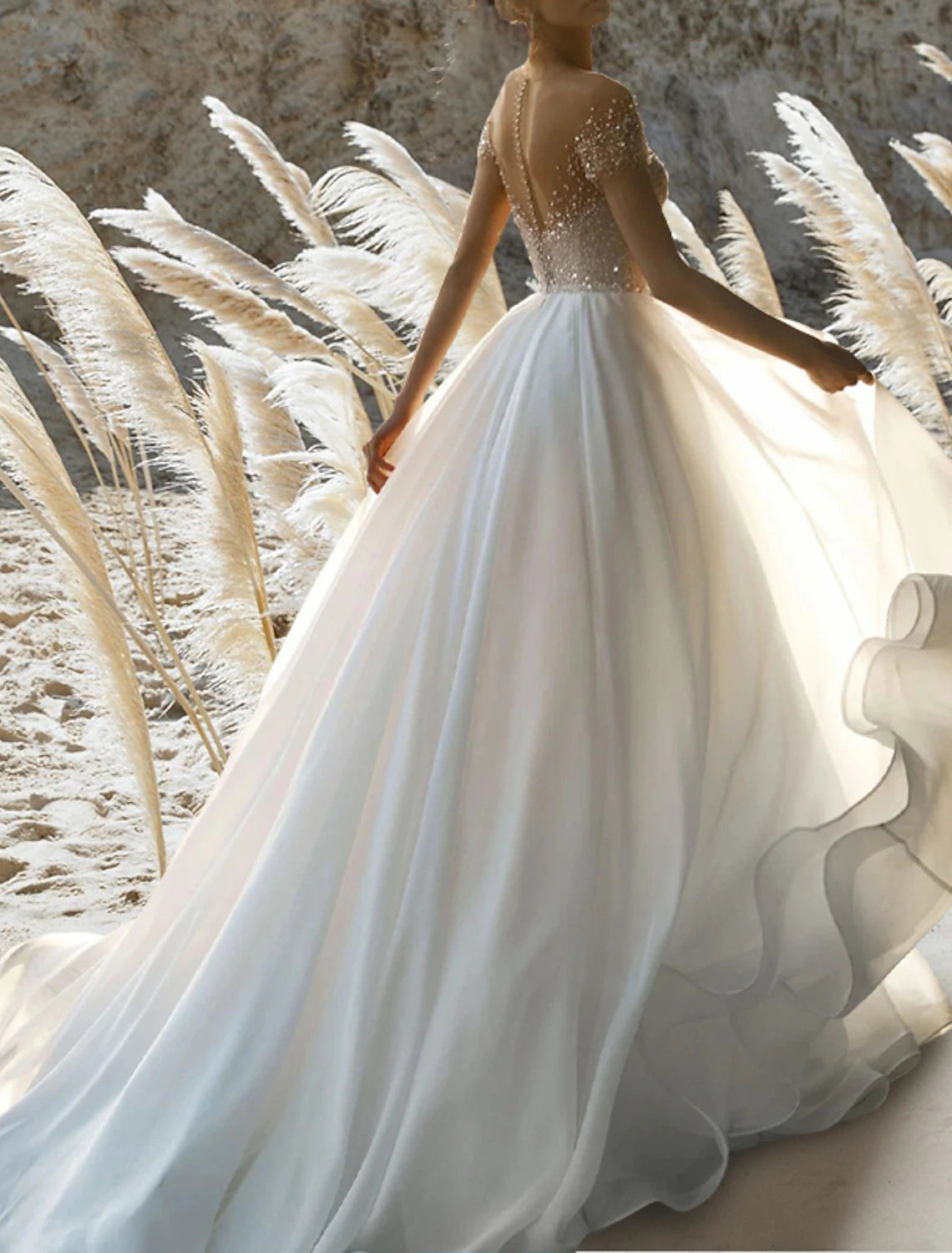 Wholesale Beach Formal Wedding Dresses A-Line Off Shoulder Short Sleeve Court Train Chiffon Bridal Gowns With Pleats Beading